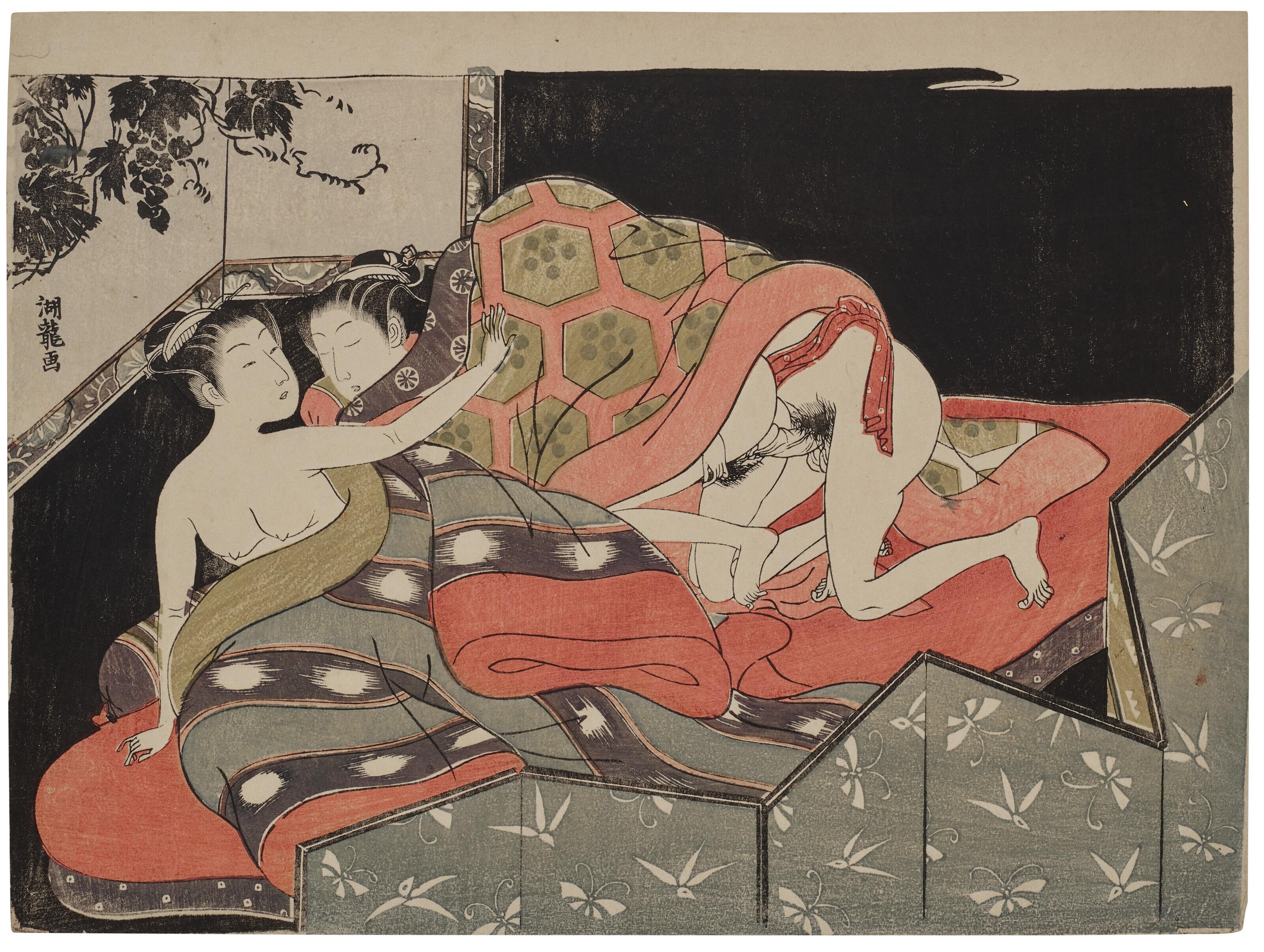 Isoda Koryusai - Two girls and a hidden man