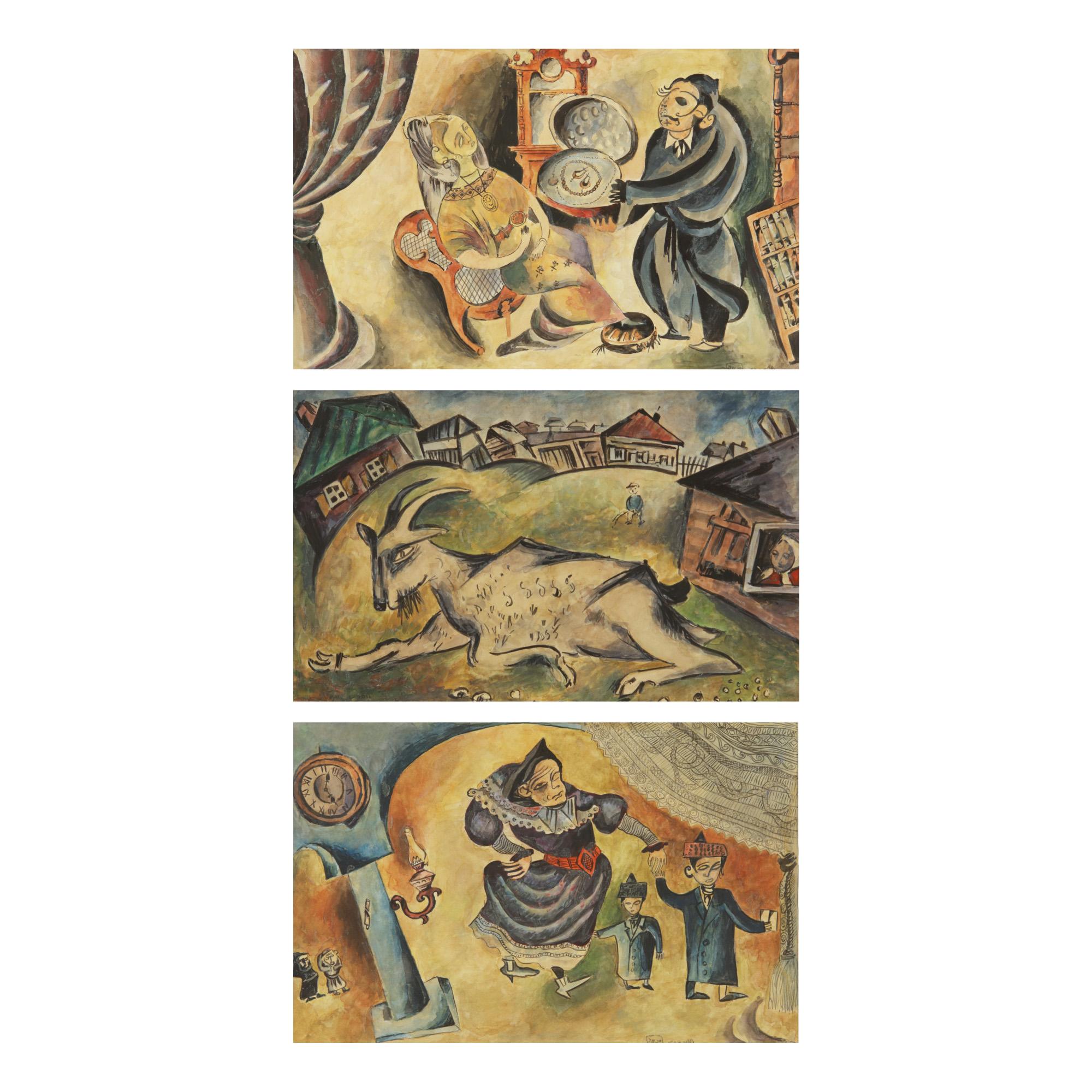 Issachar Ryback - Offering A Present, A Goat And The Rabbi\'S Wife: 3 Paintings