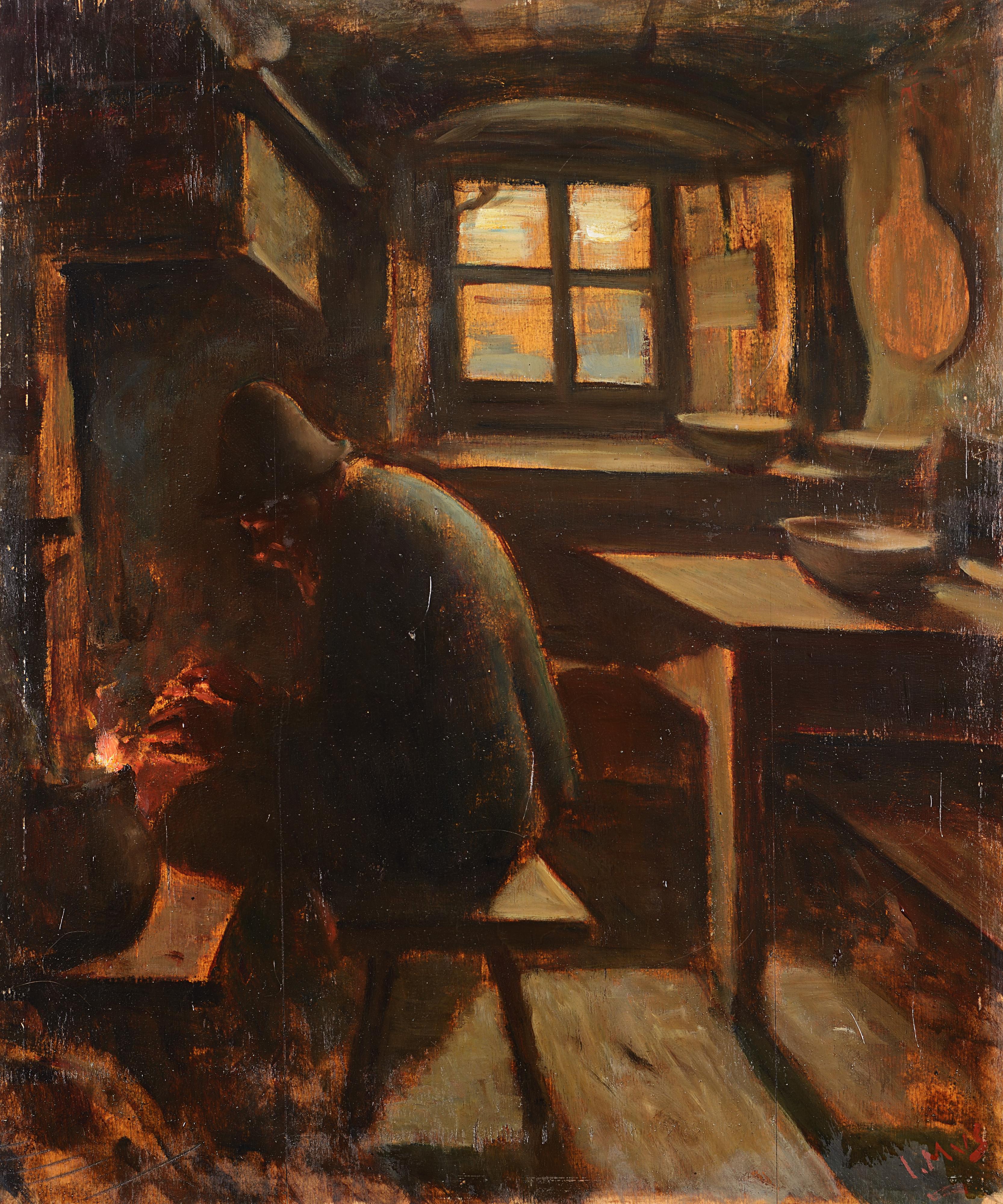 Italo Mus - Interno con uomo al camino