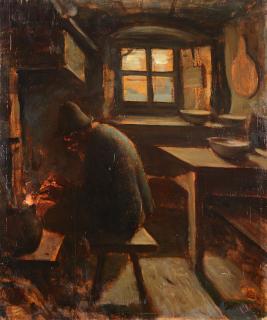 Italo Mus - Interno con uomo al camino