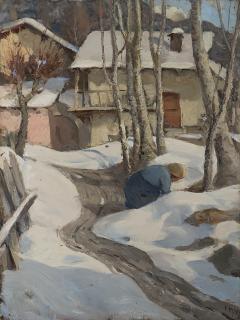 Italo Mus - Scorcio innevato con case e figura