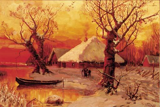Iulii Iul\'evich Klever - Winter - Lakeside Settlement at Sunset