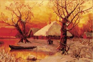 Iulii Iul\'evich Klever - Winter - Lakeside Settlement at Sunset