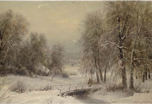 Ivan Avgustovich Vel\'Ts - A Winter Landscape With A Figure Crossing A Bridge