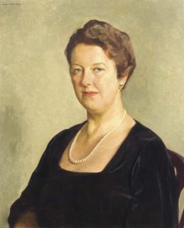 Ivan G. Olinsky - Portrait of a female subject, three-quarter length, in a black dress with a pearl necklace