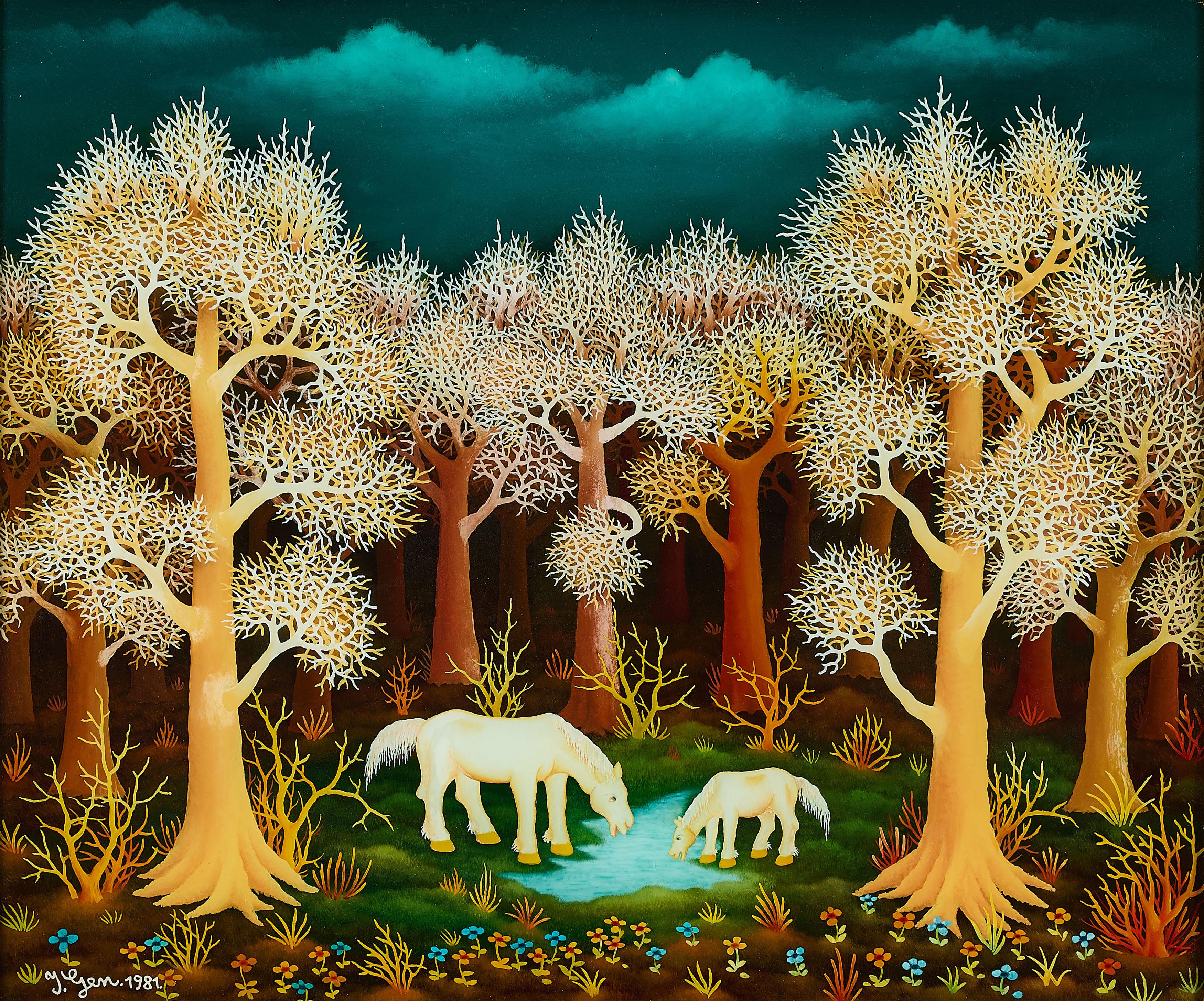 Ivan Generalic - Weiße Pferde unter weißen Bäumen.