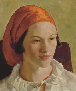 Ivan Gregorevitch Olinsky - Portrait of a female sitter with red headscarf