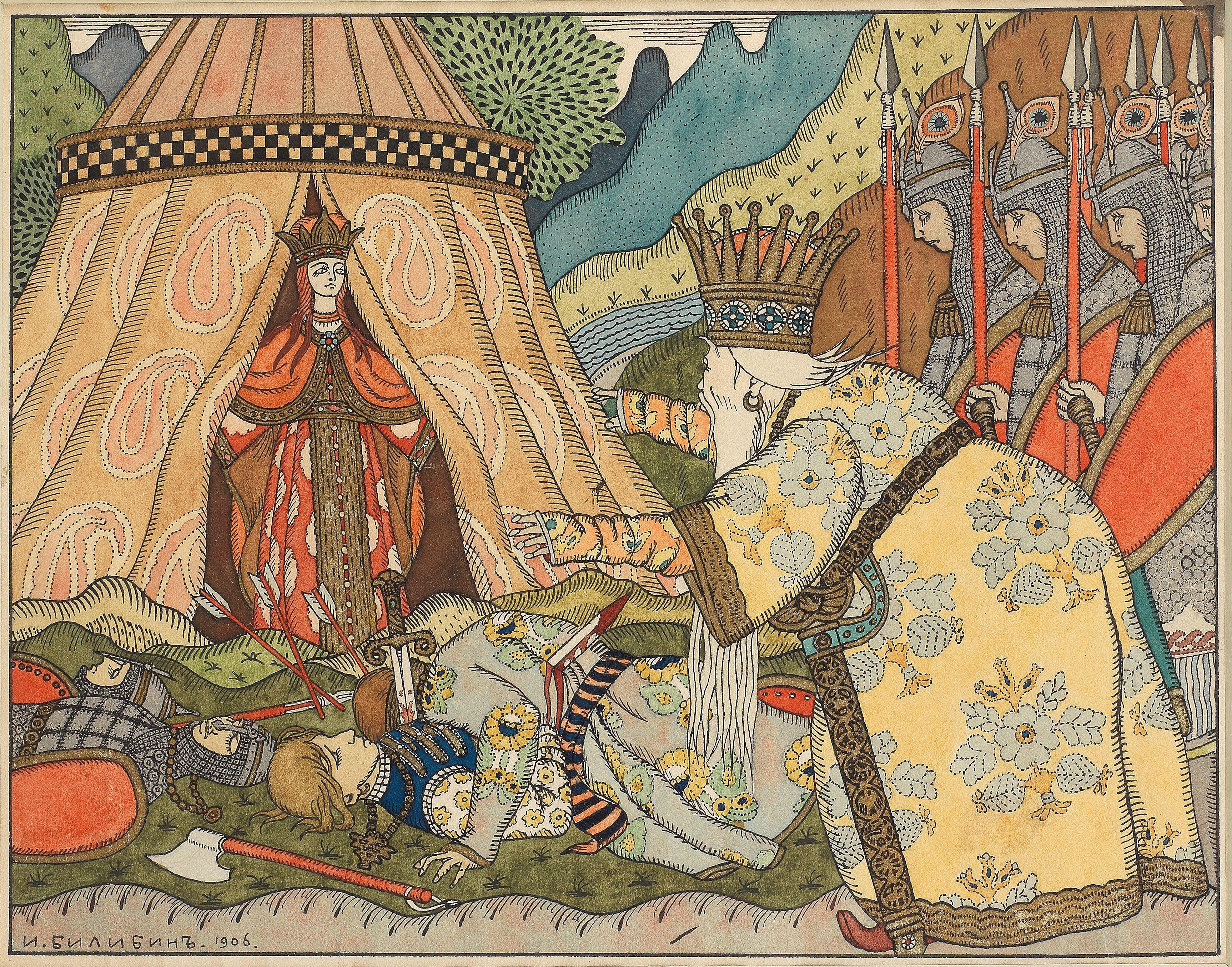 Ivan Ivanovich Bilibin - An illustration for Le Coq d\'Or, Tsar Dodon meets the Queen of Shemakhan