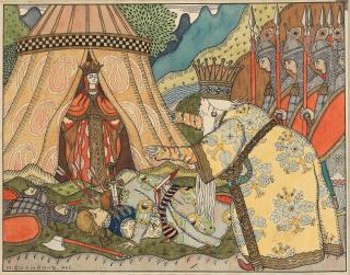 Ivan Ivanovich Bilibin - An illustration for Le Coq d\'Or, Tsar Dodon meets the Queen of Shemakhan