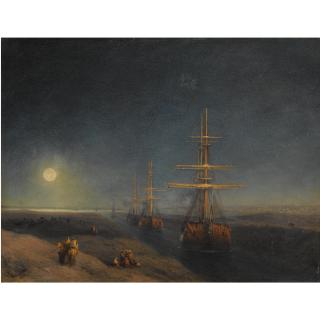 Ivan Konstantinovich Aivazovsky - Ships Passing Through A Canal In Moonlight