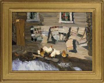 Ivan Mikhailovich Varichev - Hens feeding; The farm at dusk; and The end of winter