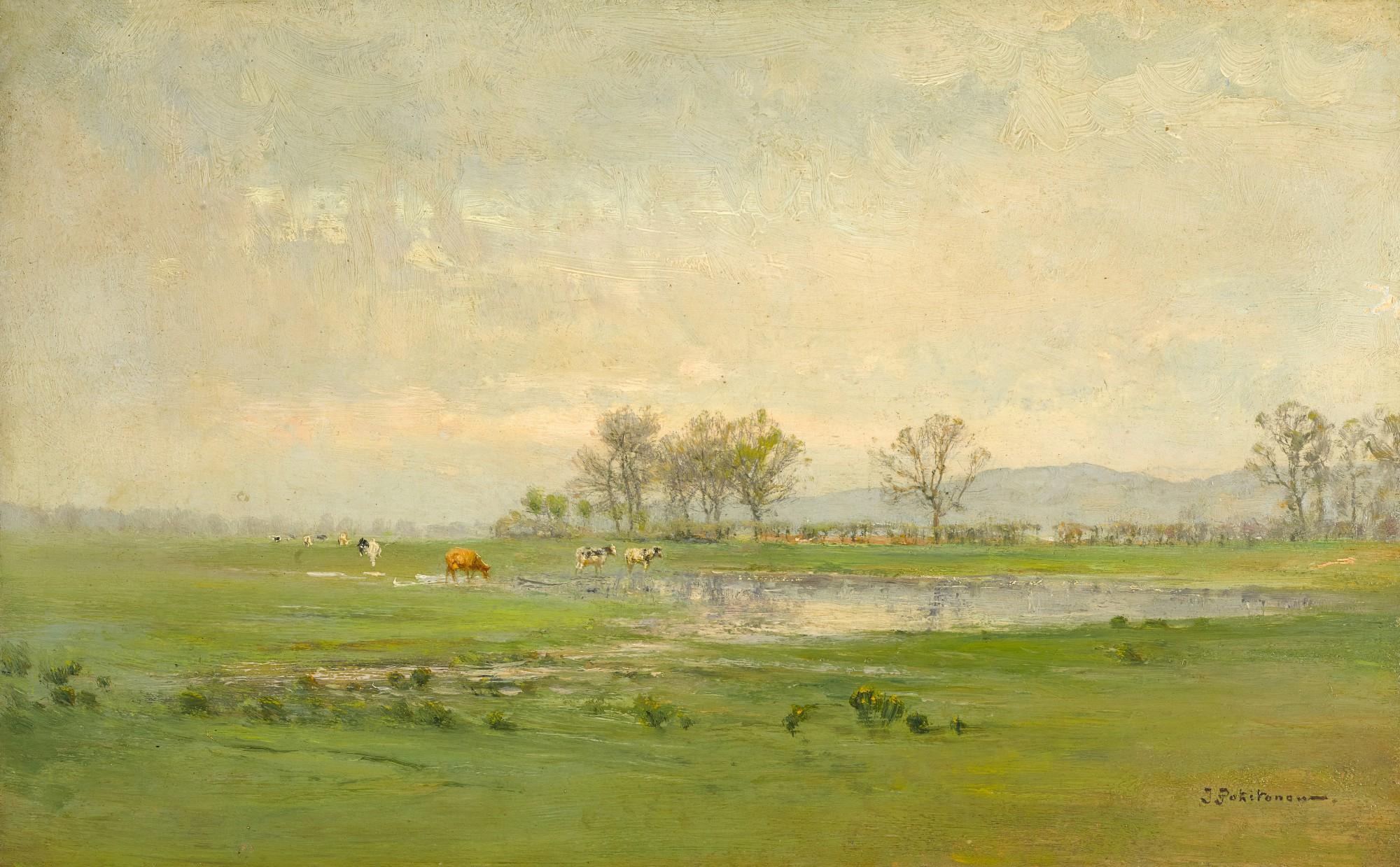 Ivan Pavlovich Pokhitonov - Cows In A Flooded Meadow (The Hamlet Of Les Houlpays In The Background)