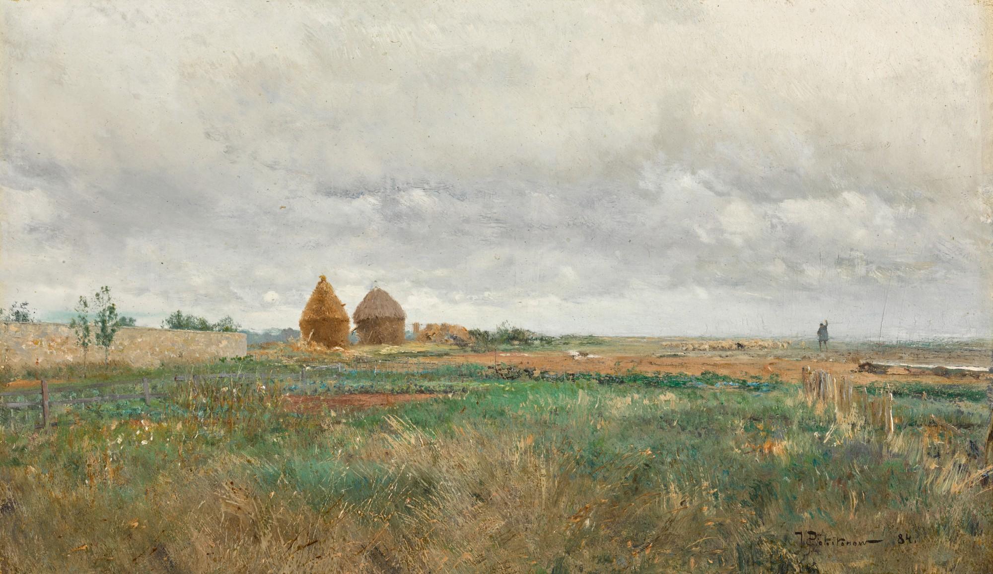 Ivan Pavlovich Pokhitonov - Landscape with Haystacks and a Flock of Sheep