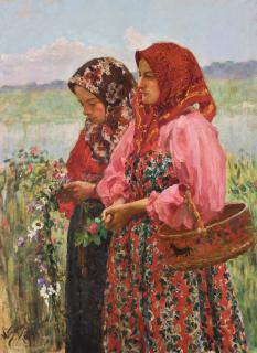 Ivan Semenovich Kulikov - Two Girls Gathering Flowers