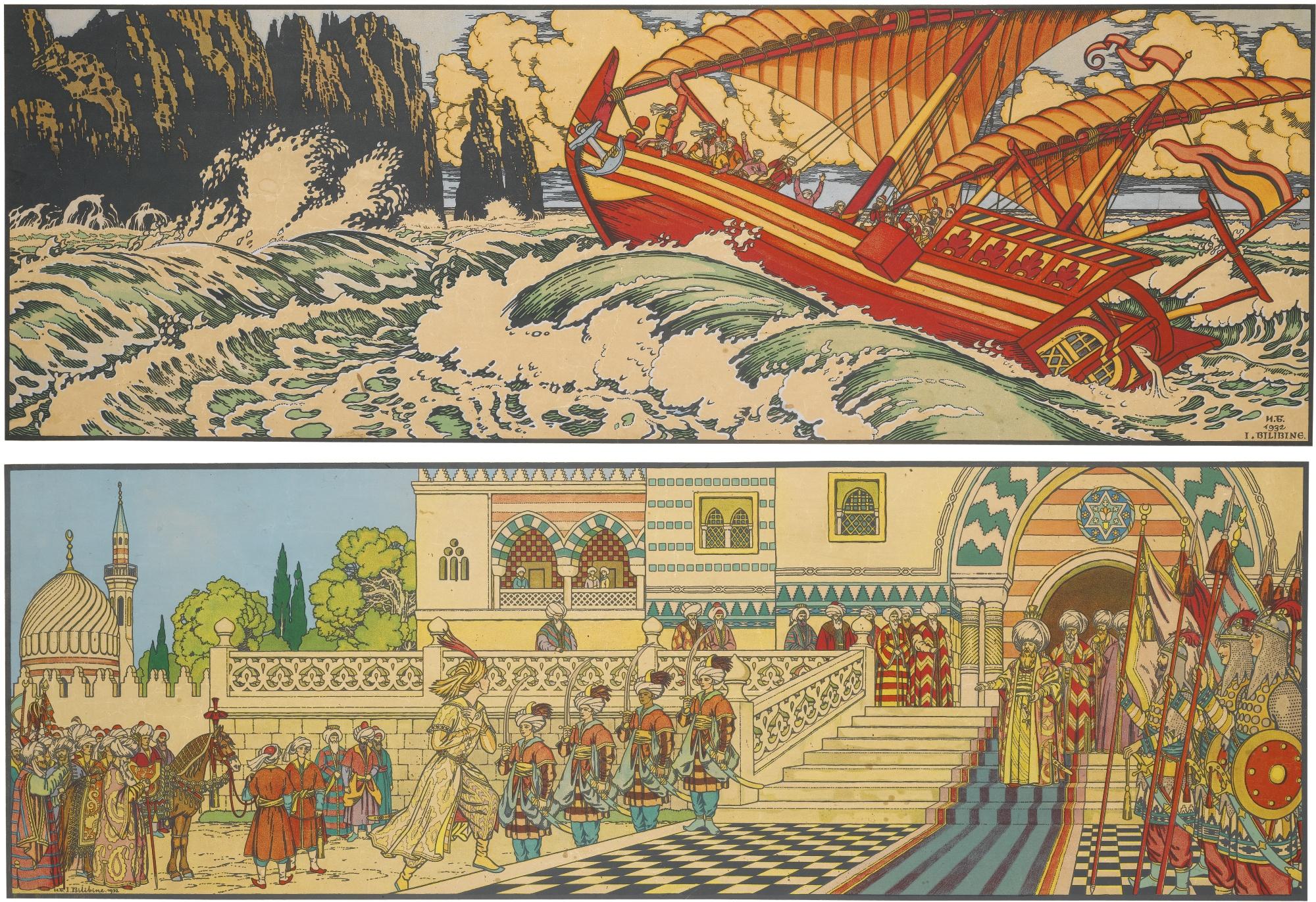 Ivan Yakovlevich Bilibin - Two Colour Lithographs Illustrating Stories From The Arabian Nights Depicting Aladdin And The Magic Lamp And Sinbad The Sailor.