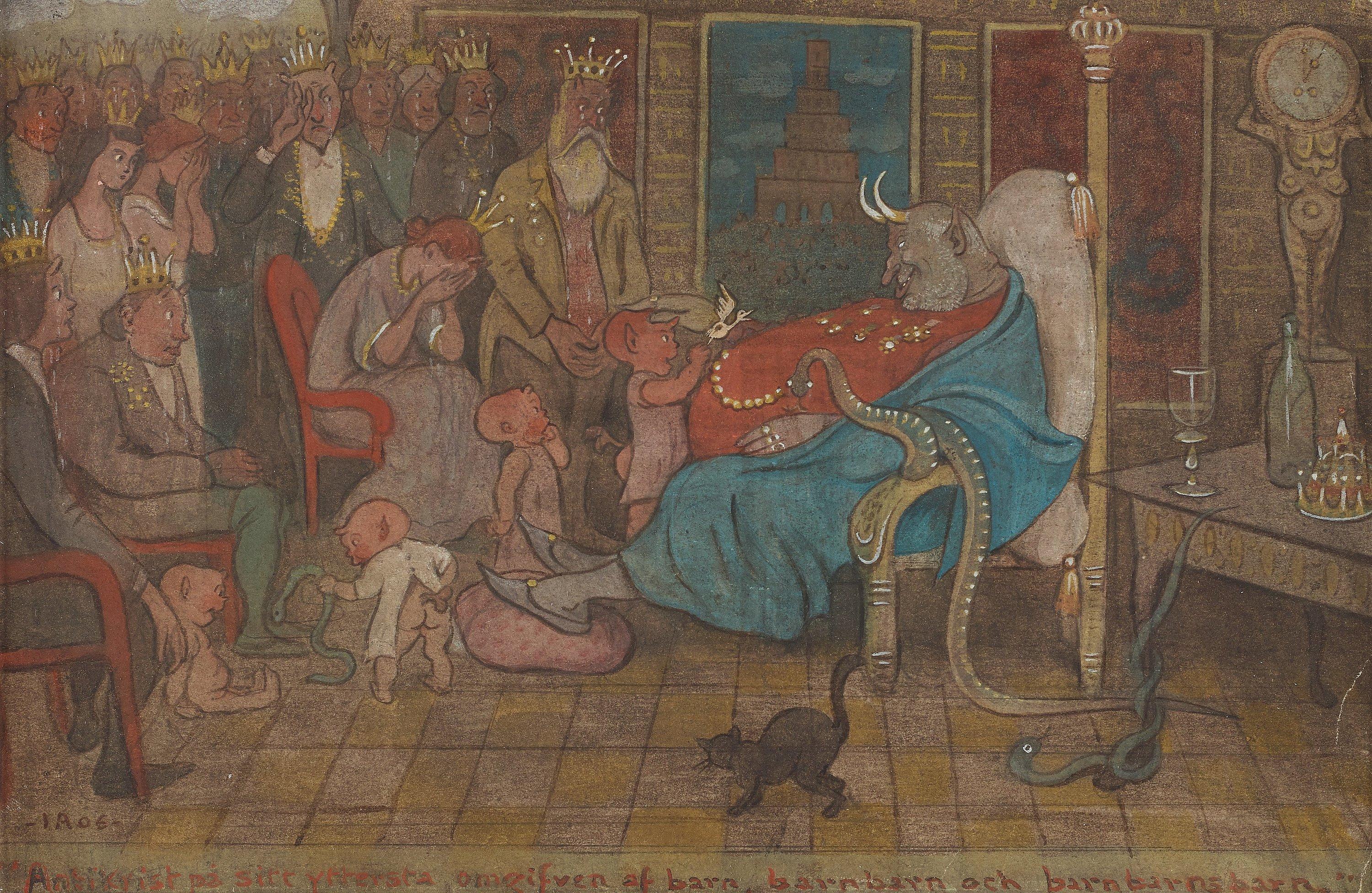 Ivar Arosenius - ”Antichrist at Death’s Door, Surrounded by Children, Grandchildren and Great Grandchildren”