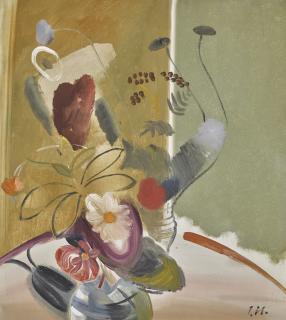 Ivon Hitchens - Flowers On Green Background