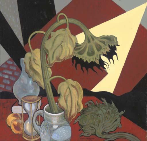 Ivor Lawson - Sunflowers in a jug, with an hour-glass, peaches and a vase to the side