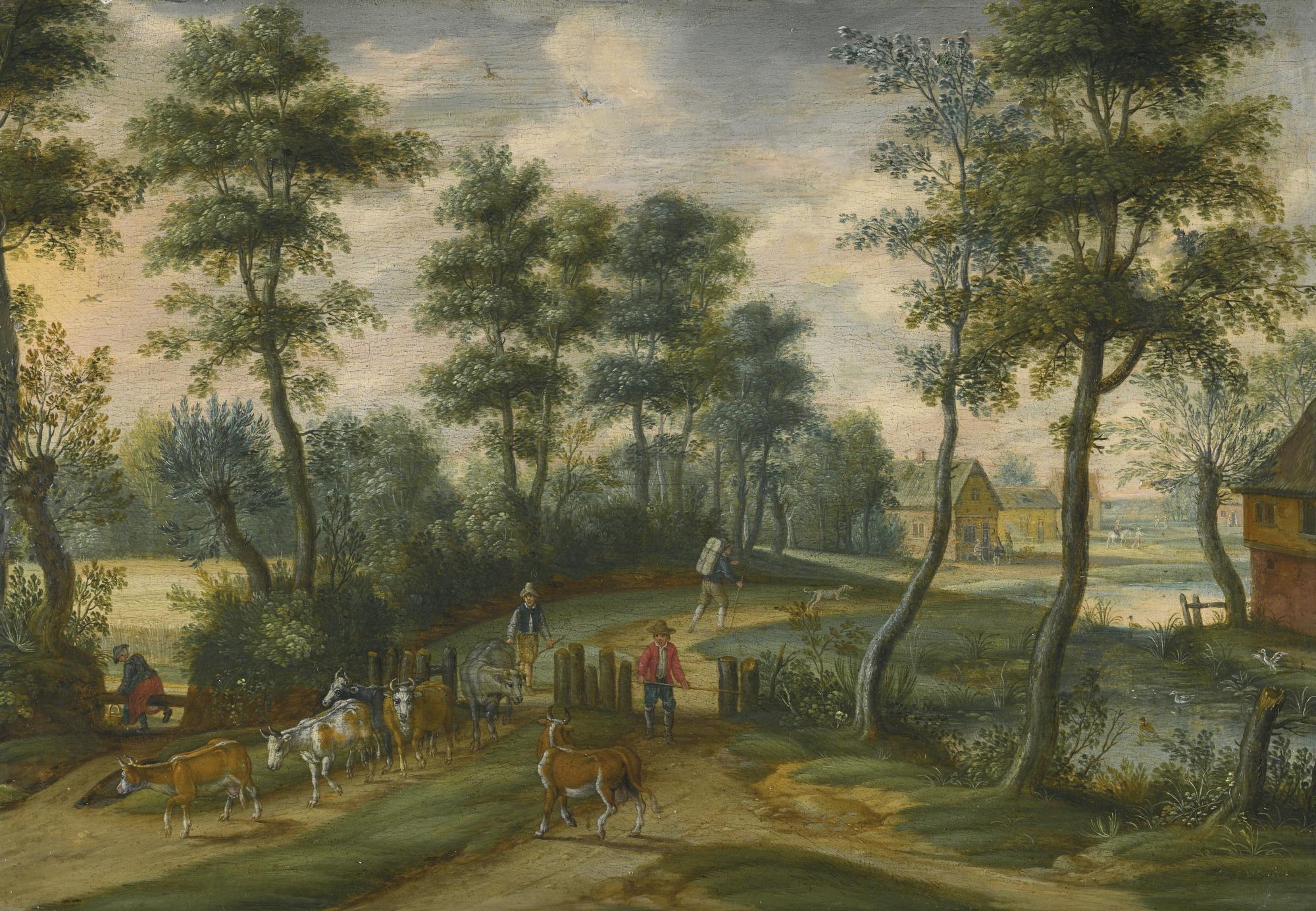 Izaak Van Oosten - A Wooded Landscape With Drovers And Their Cattle, A Village Beyond