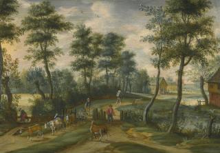 Izaak Van Oosten - A Wooded Landscape With Drovers And Their Cattle, A Village Beyond