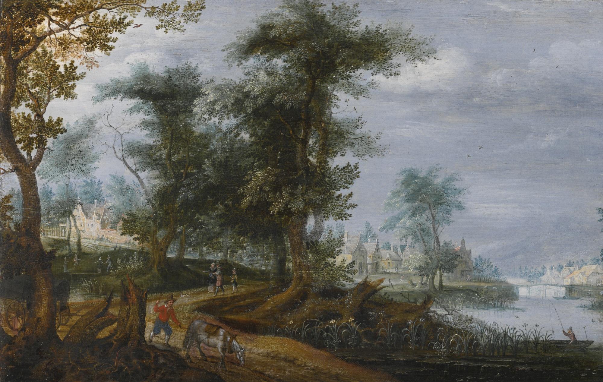 Izaak Van Oosten - Landscape With Elegantly-Dressed Figures On A Path Beside A River, With A Man And Horse In The Foreground, A Village Beyond