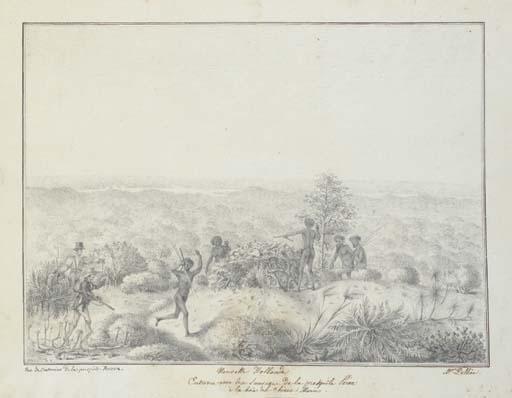 J. Alphonse Pellion - Nouvelle Hollande. Entrevue avec les sauvages de la presq\'île Péron à la baie des Chiens Marins. vue de l\'interieur de la presqu\'île Perron