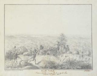 J. Alphonse Pellion - Nouvelle Hollande. Entrevue avec les sauvages de la presq\'île Péron à la baie des Chiens Marins. vue de l\'interieur de la presqu\'île Perron