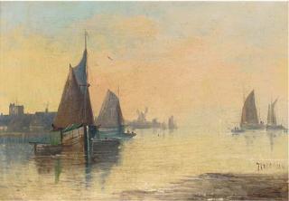 J. Anderson - Vessels in a harbour, sunset; and Vessels at low-tide