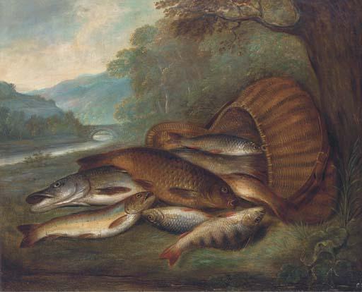 J. Coleman - The day\'s catch and a creel on a river bank