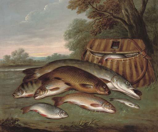 J. Coleman - The day\'s catch and a creel on a riverbank