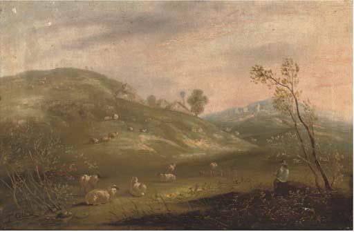 J. Collier - A shepherd and his flock on a hillside with cottages in the distance