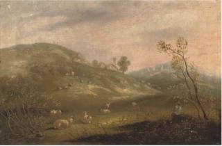 J. Collier - A shepherd and his flock on a hillside with cottages in the distance