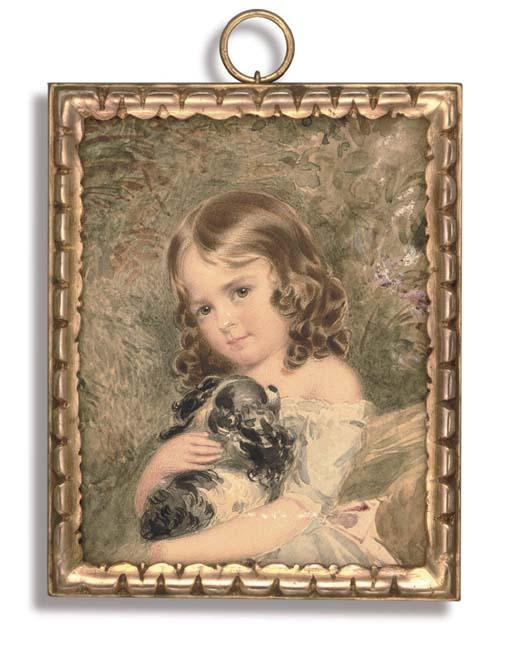 J. Fisher - A Girl, In Off-The-Shoulder Pale Blue Dress With Pink Sash, Her Centre-Parted Brown Hair Dressed In Ringlets, Holding A Black And White Spaniel In Her Arms; Foliate Background
