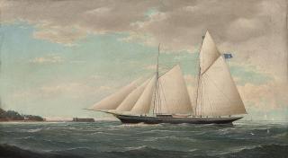 J. Hall - The Royal Thames Yacht Club\'s schooner Norseman off a fortified headland