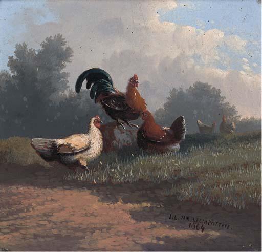 J. L. Van Leemputten - Chickens in a pastoral landscape