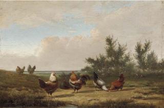 J.L Van Leemputten - Poultry in a field