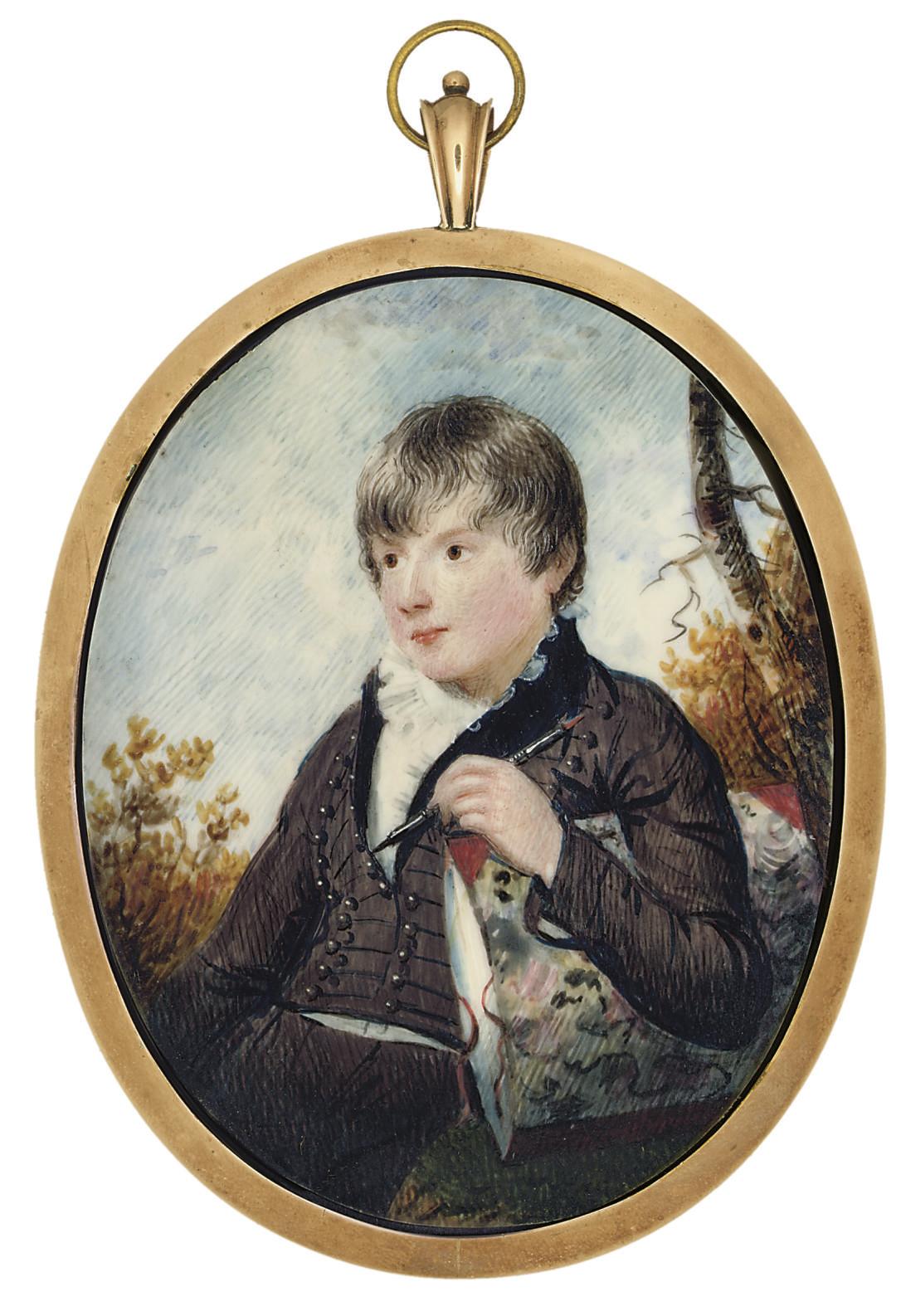 J. Lewis - Master Ackerman, in brown coat with black collar, brown breeches, grey waistcoat, white frilled shirt, an artist\'s portfolio under his left arm, a paintbrush in his left hand; seated in a landscape