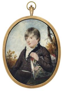 J. Lewis - Master Ackerman, in brown coat with black collar, brown breeches, grey waistcoat, white frilled shirt, an artist\'s portfolio under his left arm, a paintbrush in his left hand; seated in a landscape