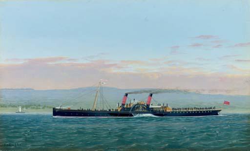 J. McLachlan - The paddle steamer Guinevere off a coast with a lightship to the left