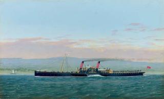 J. McLachlan - The paddle steamer Guinevere off a coast with a lightship to the left