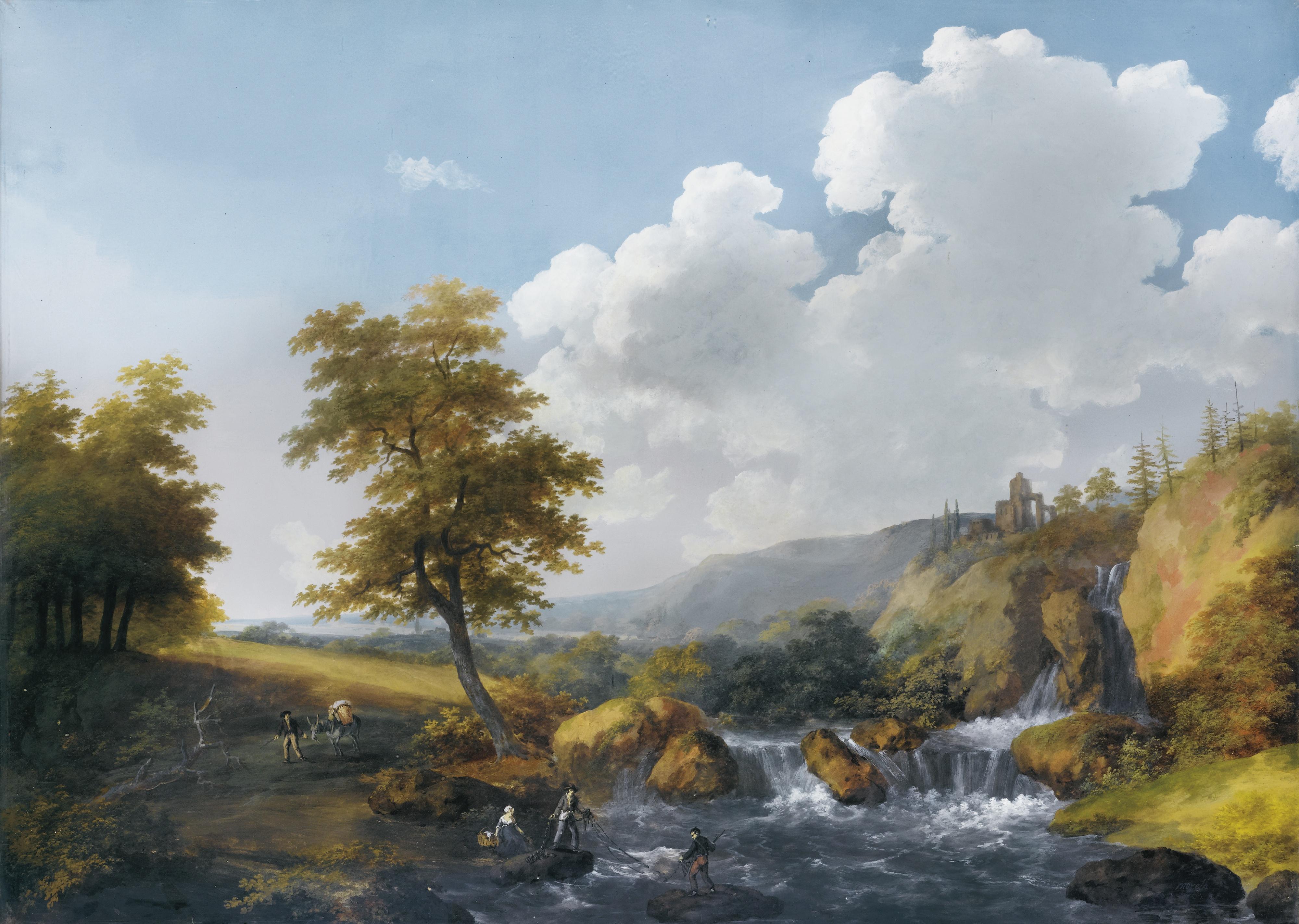 J*** Moreth Ou Morette - Personnages Jetant Un Filet Dans Un Torrentj*** Moreth Ou Morette ; Figures Throwing A Fishnet In A Torrent ; Signed And Dated 1815 (?) Lower Right ; Gouache On Paper Laid Down On Carboard