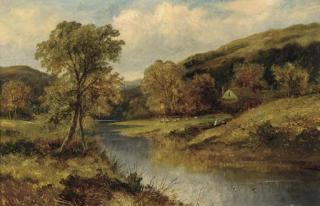 J. Morris - A peaceful stretch of the river;and A figure fishing from a punt