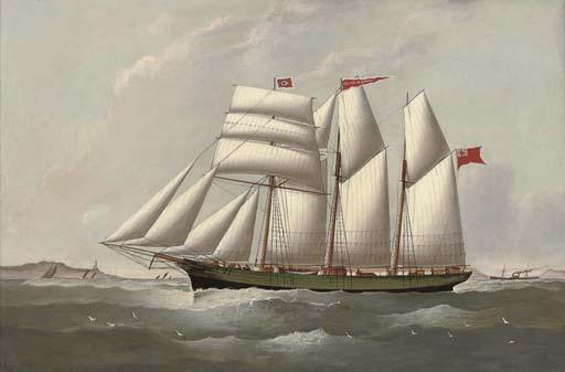 J. Rawcliffe - The three-masted topsail schooner Ellen Wignall under full sail in coastal waters