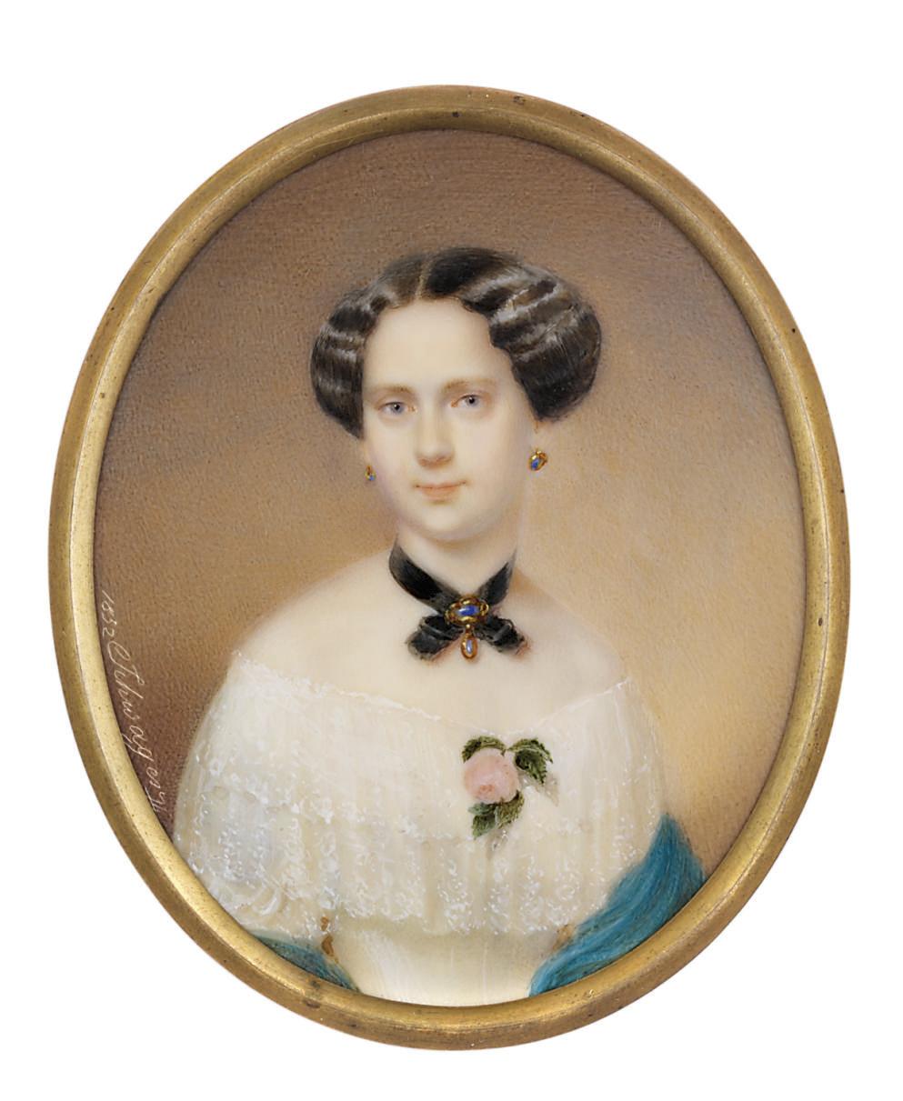 J. Richard Schwager - Freifrau von Hanstein, widowed Skotay [?], née Damböck, in off-the-shoulder white dress with tiered lace collar, pink rose at corsage, turquoise shawl, black choker set with brooch, gem-set earrings, dark upswept hair