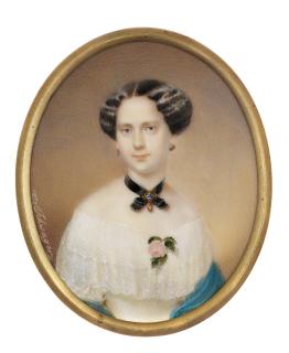 J. Richard Schwager - Freifrau von Hanstein, widowed Skotay [?], née Damböck, in off-the-shoulder white dress with tiered lace collar, pink rose at corsage, turquoise shawl, black choker set with brooch, gem-set earrings, dark upswept hair
