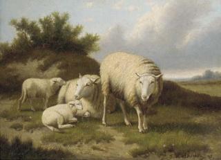 J. Van Dieghem - Sheep and lambs in a pastoral landscape; and Another similar