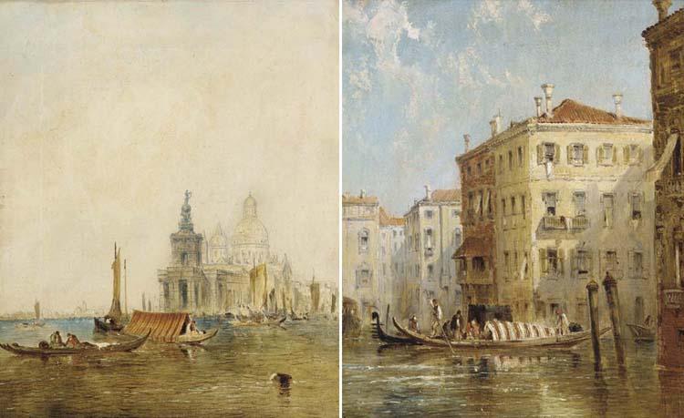 J. Vivian - The Customs House and the entrance to the Grand Canal, Venice; and Gondolas on a Venetian backwater