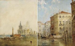 J. Vivian - The Customs House and the entrance to the Grand Canal, Venice; and Gondolas on a Venetian backwater