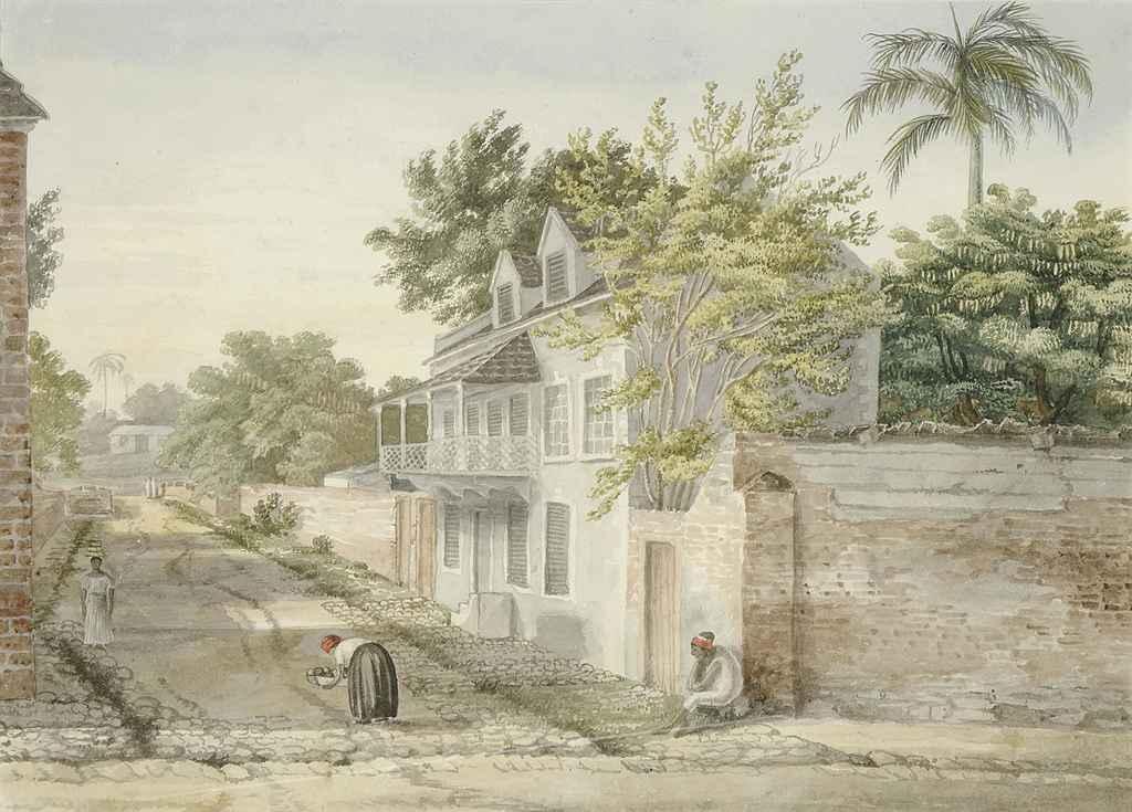 J.W.A. - Four views of Barbados: A village street scene; View from Carlisle Bay - Barbados. - Morning.; Oxen drawing a sugar cane cart; Fishing boats and figures bathing in a cove