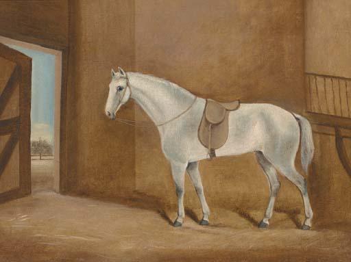 J. Watson - A saddled grey in a stable